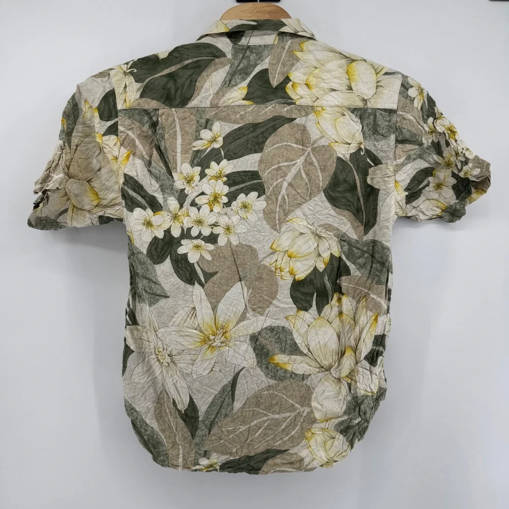 Tommy Bahama Silk Floral Shirt Men Large Green Tan Botanical Camp Aloha Hawaiian